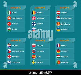 2020 European football tournament participants flags sorted by groups. European soccer 2020 tournament groups. Vector collection. Stock Vector
