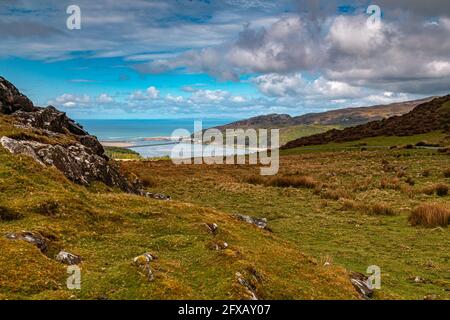 View of Barmouth from lake Cregennan and Cadair Idris Gwynedd Wales ...