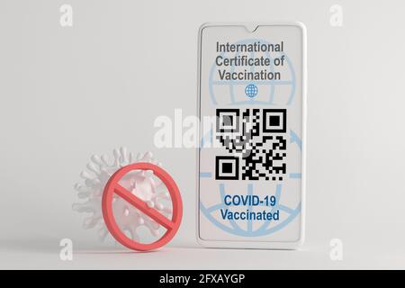 Covid19 passport, certificate of person vaccinated against Covid, easier travel and other benefits. International Certificate Of Vaccination, QR code Stock Photo