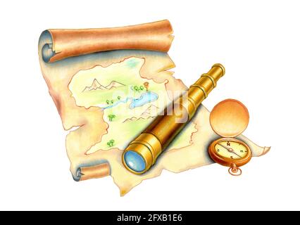 Old island map with a compass and a telescope. Mixed media illustration. Stock Photo