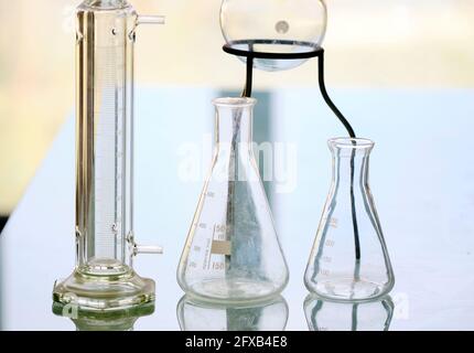 Glass flasks in a scientific laboratory. Basque Country, Spain, Europe. Stock Photo