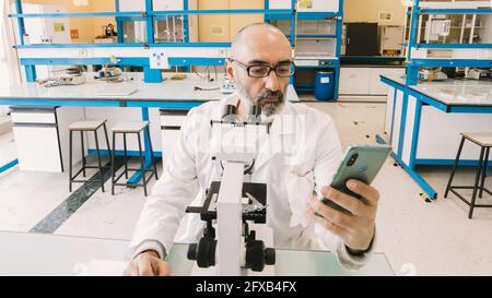 Mature scientist male in his 50s wearing a lab coat looking through a microscope in a laboratory. Basque Country, Spain, Europe. Stock Photo