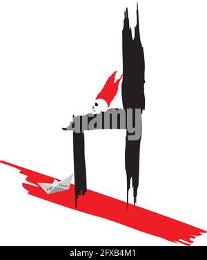 illustration of a skull sitting on a chair and a paper boat on the floor for broken dreams, isolated on white Stock Vector