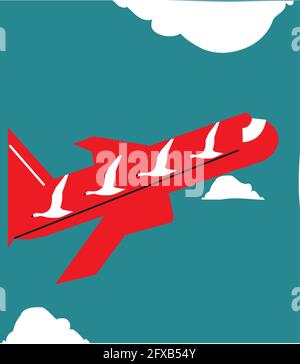 illustration of a plane with windows in the shape of birds flying in the opposite direction Stock Vector