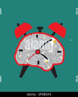 illustration of a clock in the shape of a brain to suggest that time is melting and is subjective, isolated on a green background Stock Vector