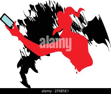 illustration of the devil taking a selfie and being addicted to selfies Stock Vector