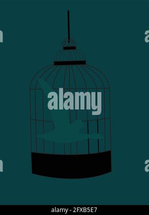 illustration of a silhouette of a bird flying in a bird cage , as not being certain if the bird is captive in the bird cage Stock Vector