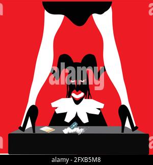 illustration of a young woman dancing in front of the devil and drugs on the table Stock Vector