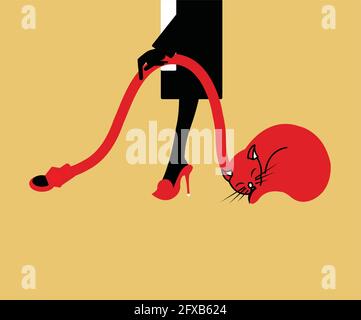 illustration of a maid with a vacuum cleaner in the shape of a cat, isolated on a yellow background Stock Vector