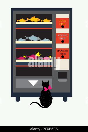 illustration of a cat at a vending machine trying to choose between 3 types of fish, humorous concept Stock Vector