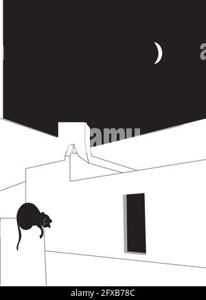 illustration of a cat sleeping on a roof during the night at full moon Stock Vector