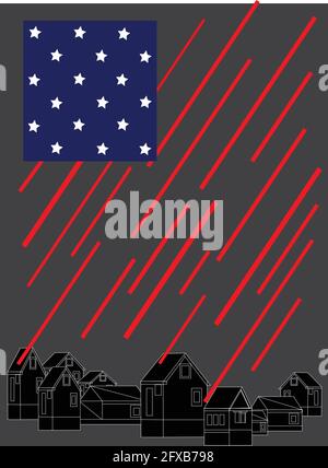 illustration of the american flag with its stripes as rain falling over the city, night scenery Stock Vector