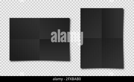 Realistic blank folded paper sheets in A4 size with shadow on checkered background. Black notebook page. Design template, mockup. Vector illustration. Stock Vector