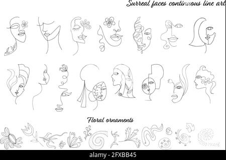 Abstract illustration set female women faces in modern minimalist continuous line art style.Drawing.Beauty and fashion concept.Isolated surreal faces Stock Vector