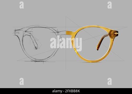 Design sketch draft beige color eye glasses isolated on gray background, ideal photo for display or advertising sign or for a web banner Stock Photo