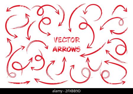 Red grunge hand drawn arrows isolated on white background. Doodle arrow, zigzag and round pointers. Handmade sketches of direction symbols. Vector Stock Vector