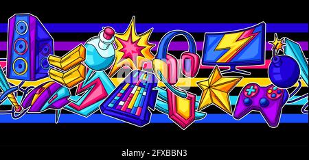 Seamless pattern with gaming items. Cyber sports, computer games, fun recreation. Stock Vector