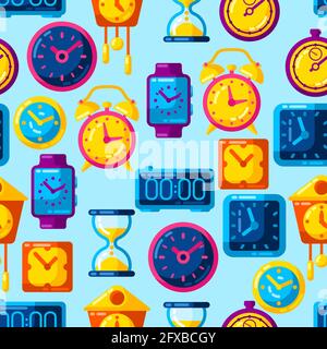 Seamless pattern with different clocks. Stylized icons for design and applications. Stock Vector