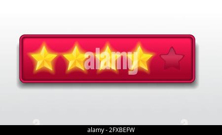 Four (4) stars. Good Customer feedback rating sytem. realistic shiny gold stars in front of red rectangle modern vector illustration Stock Vector