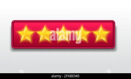 five (5) stars. exelent. satisfied Customer feedback rating sytem. realistic shiny gold stars in front of red rectangle modern vector illustration Stock Vector