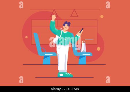 Guy uses smartphone in bus Stock Vector