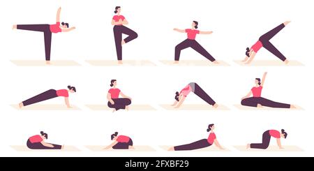 Set of yoga poses. Healthy lifestyle. Female cartoon character