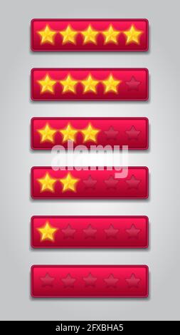 star rating set. Customer feedback sytem. realistic shiny gold stars in front of red rectangle modern vector illustration Stock Vector