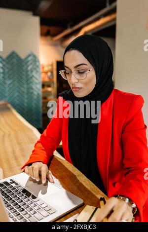 Young female entrepreneur working on laptop in coffee shop Stock Photo