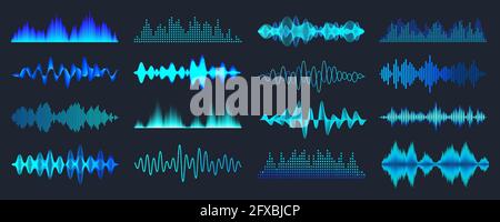 Blue colorful sound waves collection. Analog and digital audio signal. Music equalizer. Interference voice recording. High frequency radio wave Stock Vector