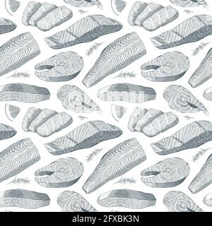 Salmon seafood pattern, ink realistic illustration of sea fish, salmon fillet, steak, detailed cooking ingredients , crosshatching art, seamless Stock Vector
