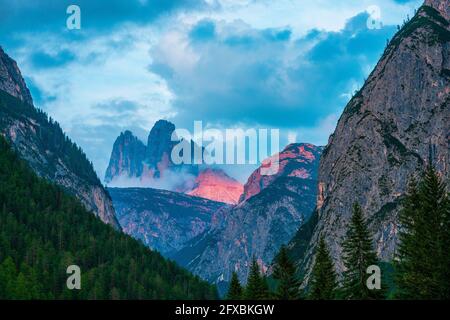 Panoramic view of the Three Peaks in the Dolomites, Italy. Stock Photo