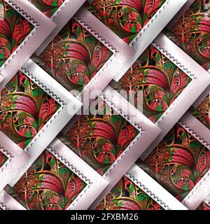 3D render of colorful plastic stamp fractal tile embossed on leather Stock Photo