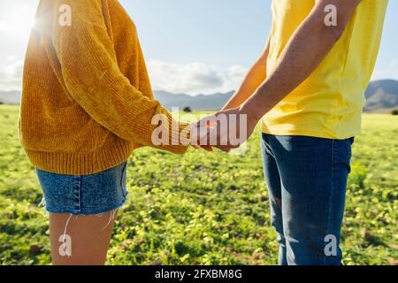 Young couple holding hands while standing at meadow Stock Photo
