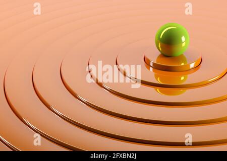 Three dimensional render of glossy sphere lying on top of circular pedestal Stock Photo