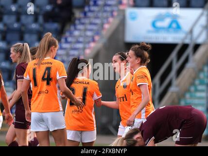 Falkirk, UK. 26th May, 2021. Hayley Lauder of Glasgow City slides in to score to make it 1-0 during the Scottish Women's Premier League 1 match between Glasgow City and Hearts at Falkirk Stadium in Falkirk, Scotland. Credit: SPP Sport Press Photo. /Alamy Live News Stock Photo