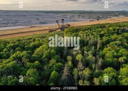 Aerial view of the Hambacher Forest and  in the background the nearby open pit Hambach Stock Photo