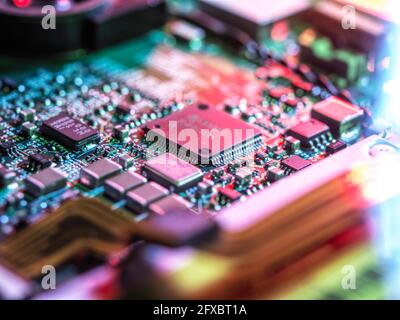 Inside of computer hardware showing chips and circuit board Stock Photo