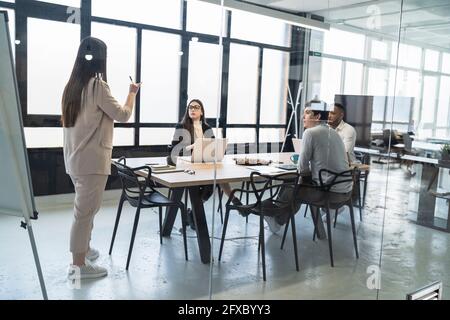 Female professional explaining business plan to colleagues seen through glass at coworking office Stock Photo