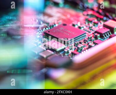 Computer board with circuit and chips Stock Photo