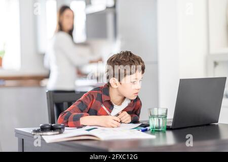 Boy concentrating whiling studying through laptop at home Stock Photo