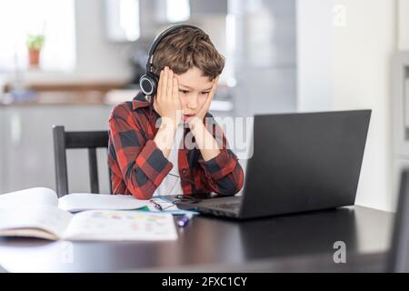 Boy with head in hands studying through laptop at home Stock Photo