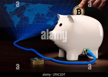 CGI concept of decentralized finance piggy bank for bitcoin Stock Photo