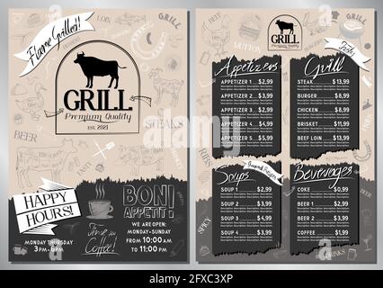 Steakhouse, grill menu template - A4 card (appetizers, grill, soups, drinks) Stock Vector