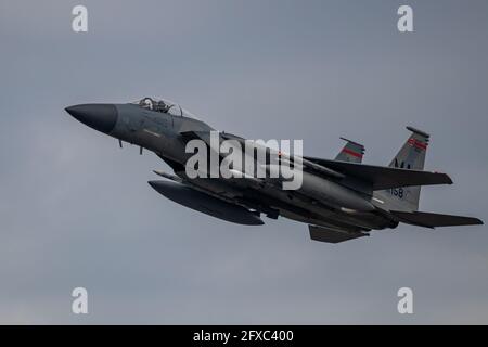 Montreal, Quebec, Canada - 05 26 2021: NORAD exercise in Montreal. The USAF and RCAF practice together in the Montreal city area. This is an F15. Stock Photo