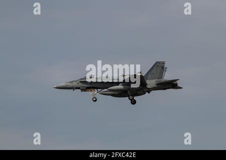 Montreal, Quebec, Canada - 05 26 2021: NORAD exercise in Montreal. The USAF and RCAF practice together in the Montreal city area. An F18 Hornet. Stock Photo
