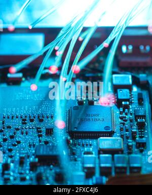 Data passing through fibre optics in computer chip for cyber security Stock Photo