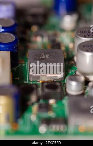 close up circuit board with capacitors Stock Photo