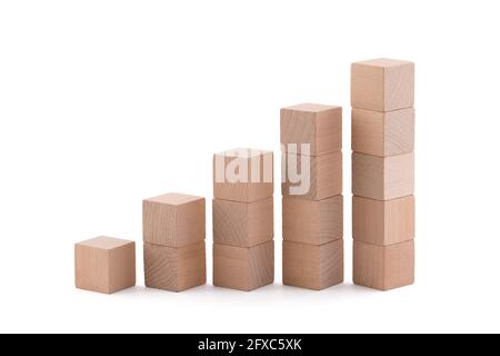 Rising wooden square blocks on white background with clipping path Stock Photo