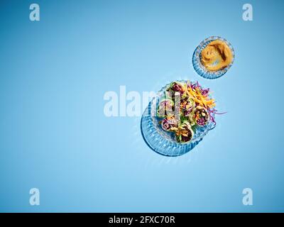 Studio shot of dipping bowl with peanut butter and larger bowl of cabbage rolls with black rice, carrot and sesame seeds Stock Photo