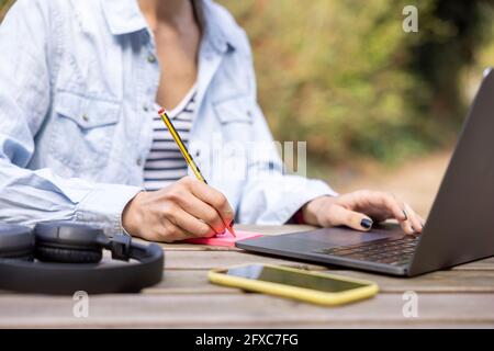 Female freelancer using laptop in garden Stock Photo